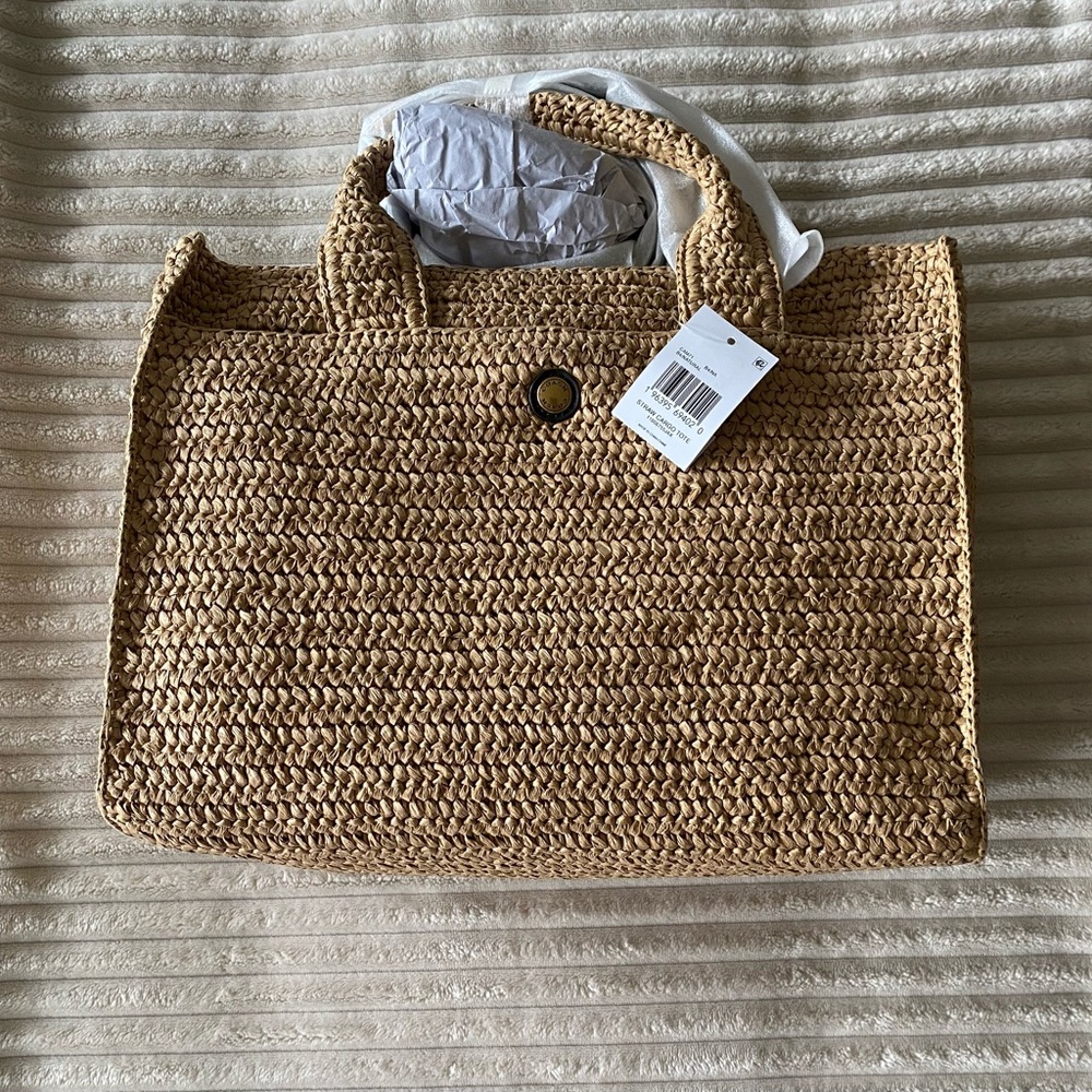 COACH CARGO EMBROIDERED LOGO STRAW TOTE - Picture 6 of 8